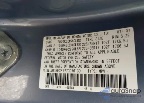 2007 Honda Cr-V Ex-L from USA, damaged, VIN JHLRE38777C076130